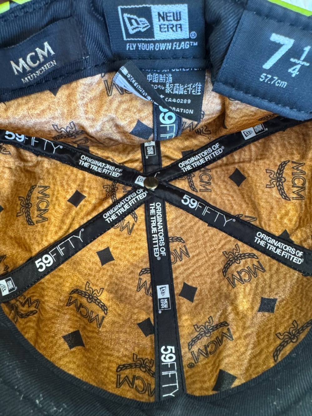 MCM Neon Yellow Logo Leather Studded Snapback Hat - Picture 5 of 6